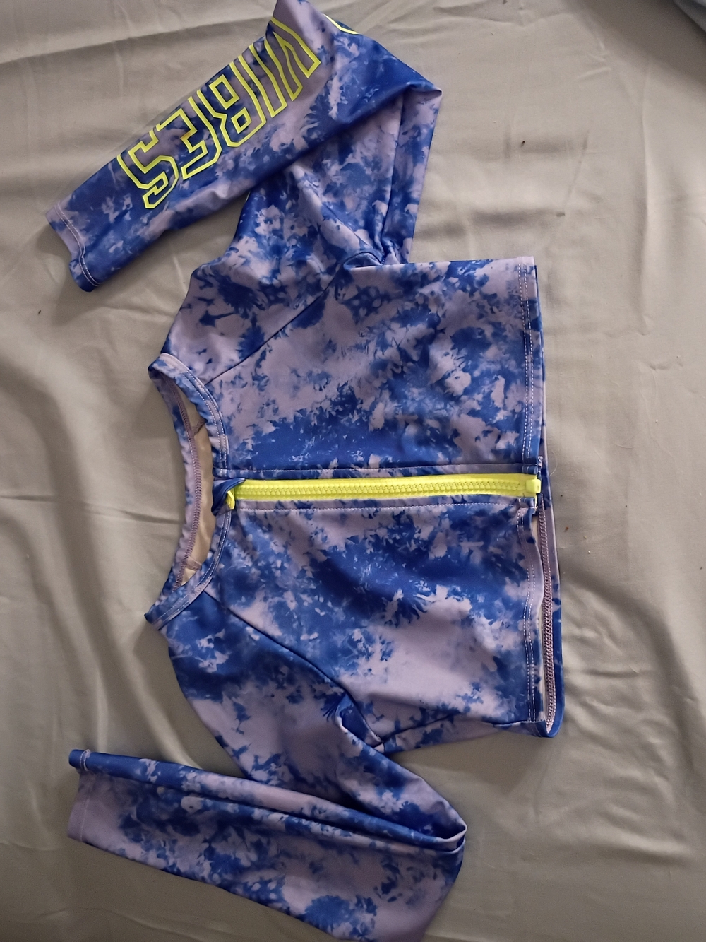 Girls' Blue Tie-Dye Rash Guard with Neon Yellow Zip